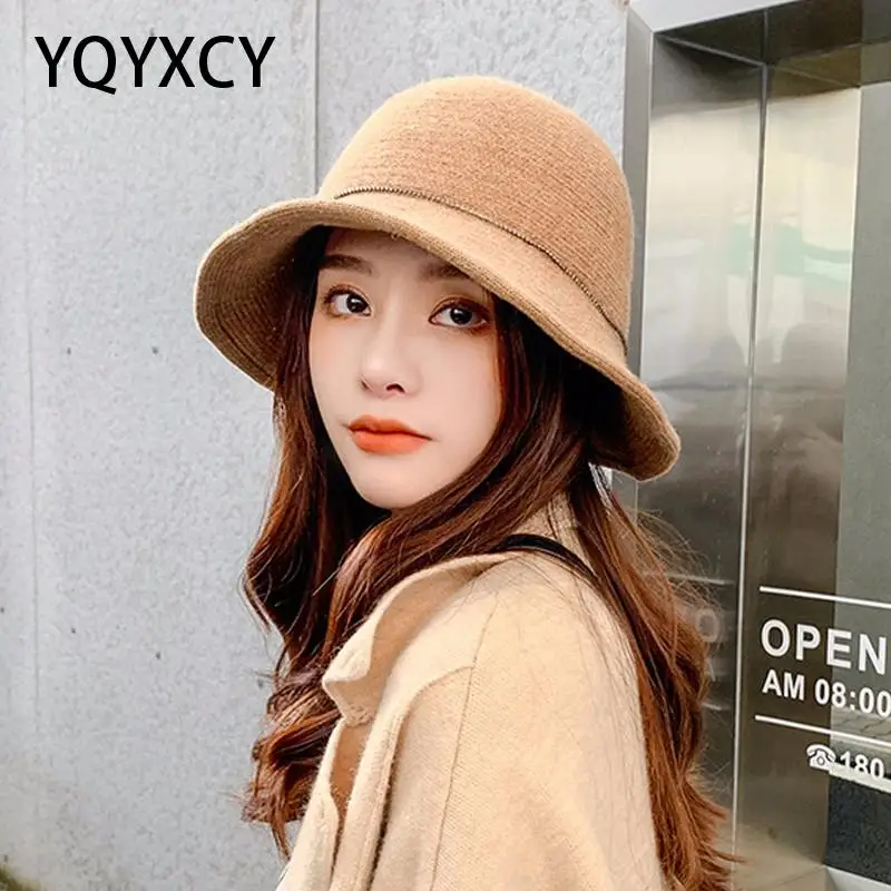 

YQYXCY Bucket Hat Women Winter Wool Knitted Fisherman Cap With Rhinestone Chain Vintage Casual Bob Casquette Gorras Chapeu New