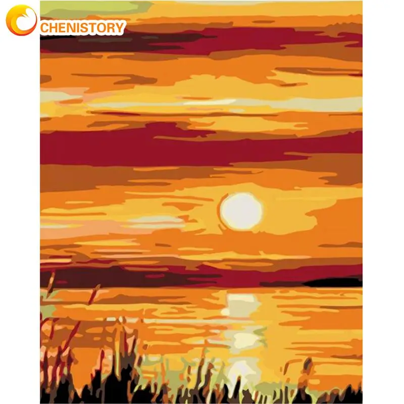 CHENISTORY Bank And Sunset Landscape Oil Painting By Numbers For Adults Handmade Unique Gift 60x75cm Frame On Canvas Wall Arts | Дом и сад