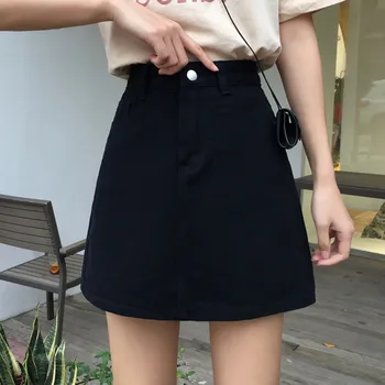 

Summer A-Line Women Denim Solid Pockets Skirt Above Knee Button Casual Cute High Waist Skirts Empire Sweet Mini Korean Skirt