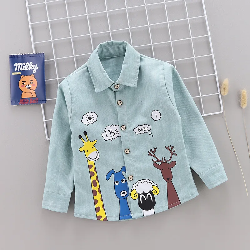 Children Spring And Autumn Childrenswear BOY'S Shirt Baby Casual Tops Cartoon Giraffe Shirt Spring Clothing Thin Fold-down Colla