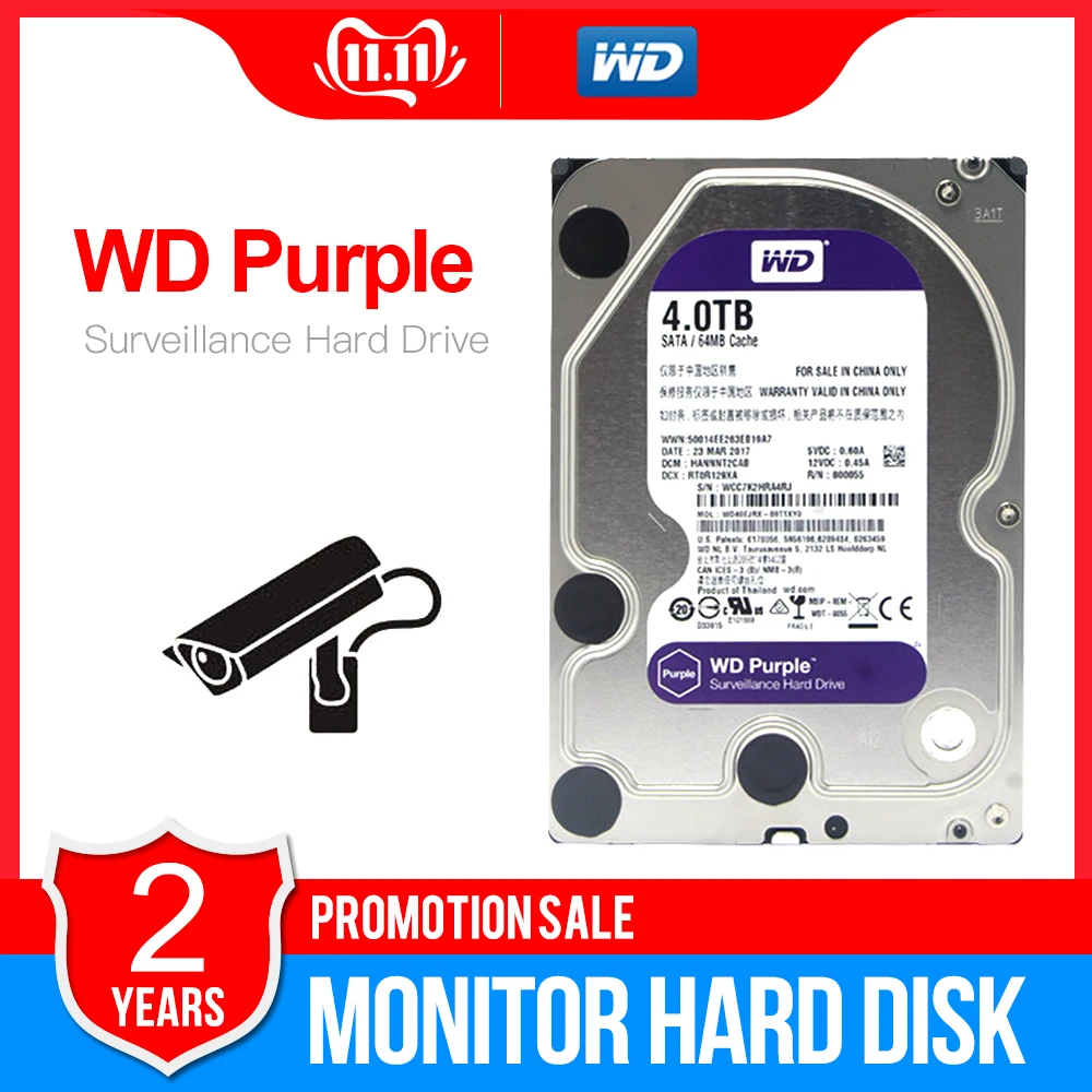 WD Purple 4 ТБ HDD Surveillance жесткий диск-5400 об./мин. класс SATA 6 ГБ/сек. 64 MB cache 3,5 Inch-WD40EJRX