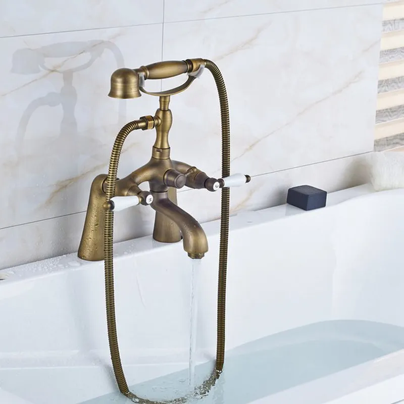 

Retro Antique Brass Double Ceramic Handles Deck Mounted Bathroom Clawfoot Bathtub Tub Faucet Mixer Tap w/Hand Shower aan019