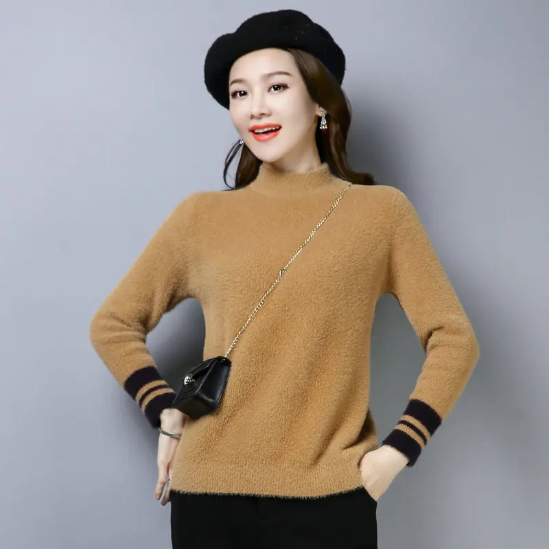 

Women Imitated Mink Fur Wool Pullover Sweaters Winter Warm Soft Knitted Tops Female Half Collar Blue Pink White Camel Knitwear