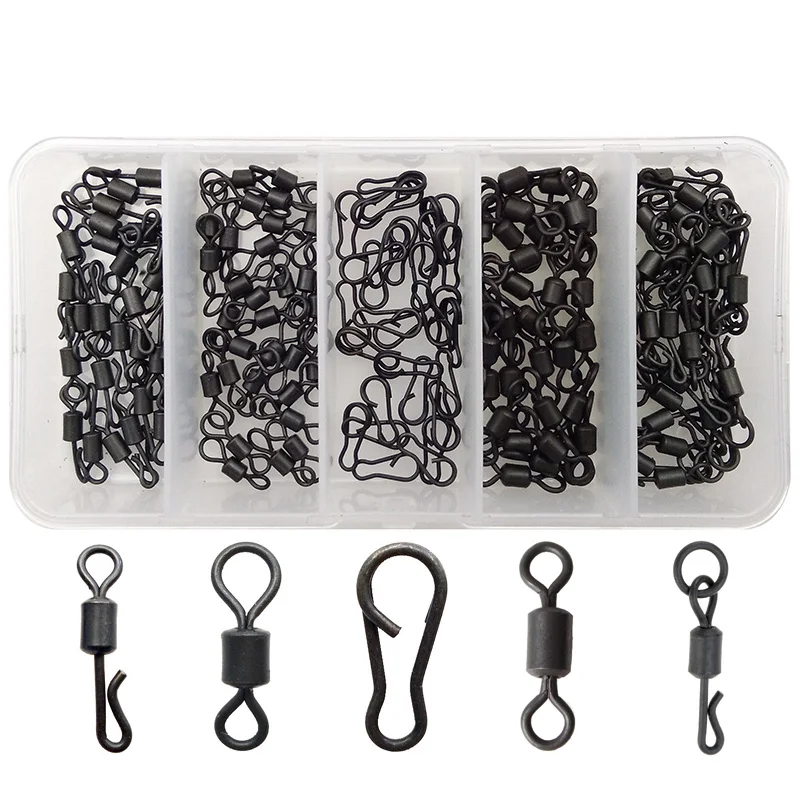 

ABUO-150pc Matte Black Carp Fishing Quick Change Swivel Set Long Body Rolling Swivels Snap Carp Fishing Accessories Tackle Set