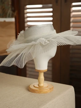

2020 Luxury Floppy Ruched Gauze Flat Fedora Cap Ladies White Large Brim Mesh Wedding Hat Summer Spring Elegant Sombrero Hat