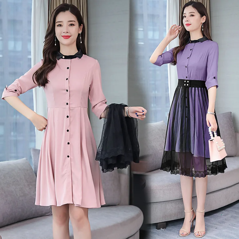 

2019 New Style Spring And Autumn Slim Fit Waist Hugging Two-Piece Set Mid-length Gauze Lace Little Fairy Elegant Full Body Dress