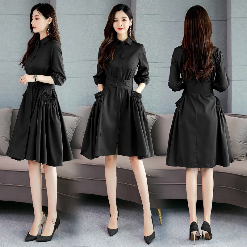 

Trench Coat Solid Color Fold-down Collar Mid-length Pleated Elegant Slimming 2019 Autumn Two-Piece Set