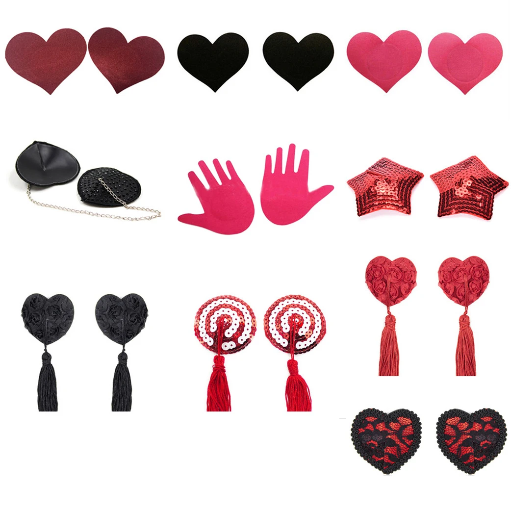 Heart Pasties Adhesive Nipple Cover 2 Pairs Silicone Sequin Reusable Pasties Bra with Tassel