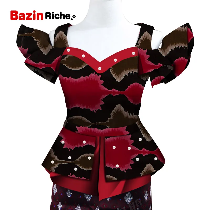Fashion Shirt African Print Top for Women Bazin Riche Pearls Double Ruffles Top Cotton Dashiki African Clothing WY5096