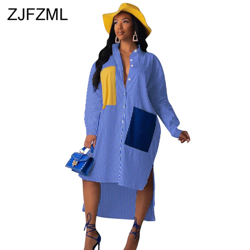 

Stripe Plus Size Shirt Dress Women Turn-Down Collar Button Up Side Slit Maxi Long Causal Dress 2019 Fall Long Sleeve Loose Dress