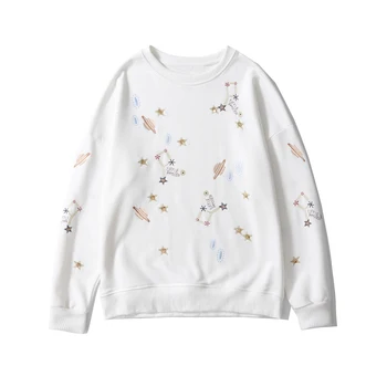 

Autumn and winter women's sweatshirt casual solid color embroidery decorative round neck long-sleeved sweatshirt