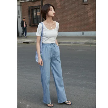 

Fashion wide leg pants female 2020 summer high waist hang feeling straight tube casual pants