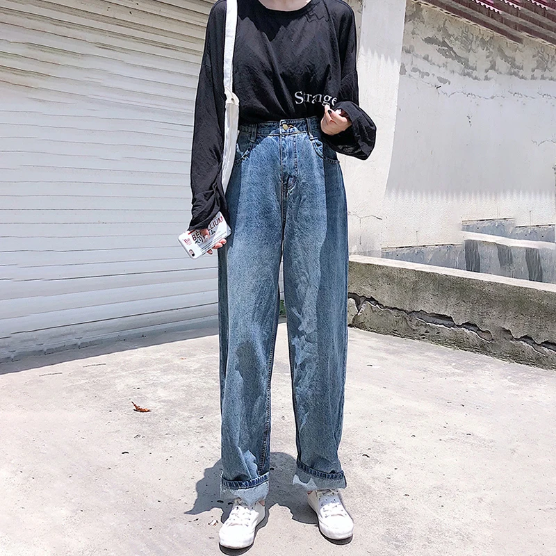 Синие джинсы женские осенние свернутые джинсы с завышенной талией джинсы бойфренды винтажные джинсы джинсовые корейские шаровары пуш-ап свободные макси женские