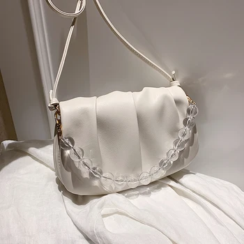 

Elegant Female Transparent Beaded Tote bag 2020 New High-quality Leather Women's Designer Handbag Pleated Shoulder Messenger Bag