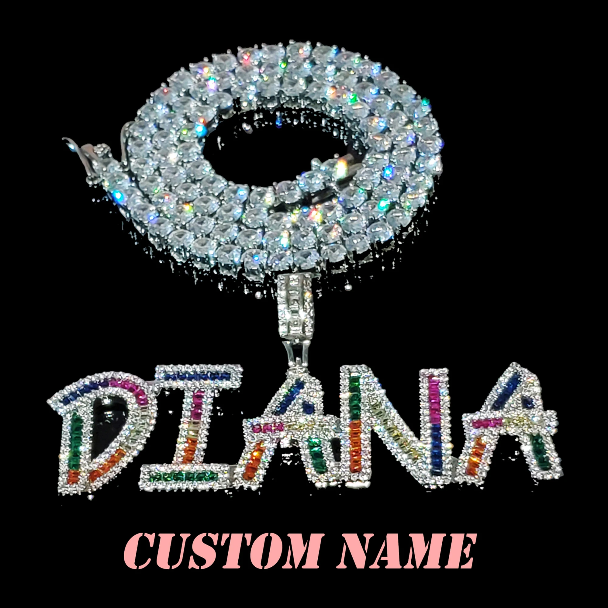 Custom Baguette Name Pendant Necklace Colorful Stones Full Iced Cubic Zirconia Hiphop Jewelry Letters Hot Trendy  Jewelry