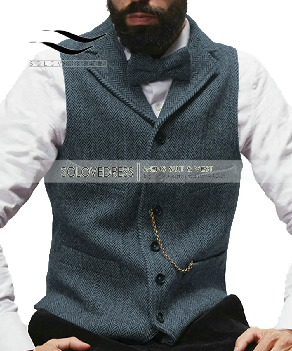 Light Navy Мужской костюм жилет для отдыха шерстяной твид без рукавов Приталенный жилет для свадьбы женихов мужчин - Цвет: Light Navy