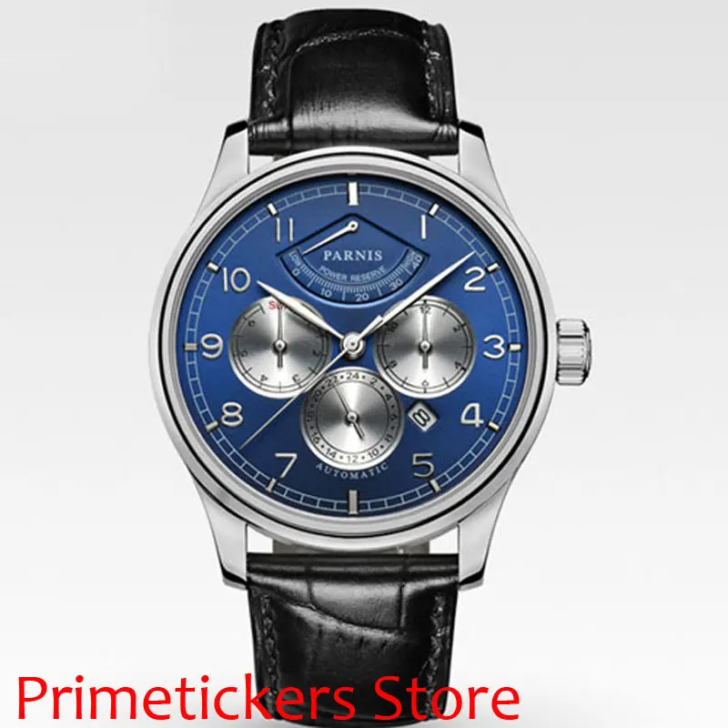 

PARNIS blue dial 42mm sappgire glass date week power reserve 26 jewels automatic movement mens watch