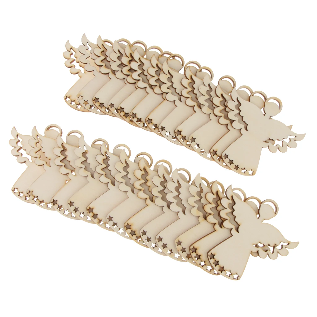 Pieces of 24 Unpainted Angel Wooden Chips Craft Gift Tags Price Labels Xmas Decorations