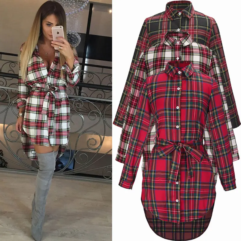 Koop 2019 Winter Rode Plaid Jurk Lange mouwen Casual Hot Plaid Dress Shirt Bodycon Plus Size Katoen Plaid Mini Jurk Party vestidos