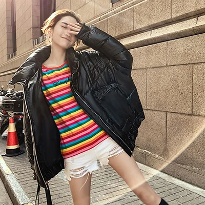 Black Zipper Reflective Winter Coat Women Glossy Pocket Loose Female Jackets Streetwear Parka Jacket Casacas Para Mujer Korean Outwear - Цвет: Black