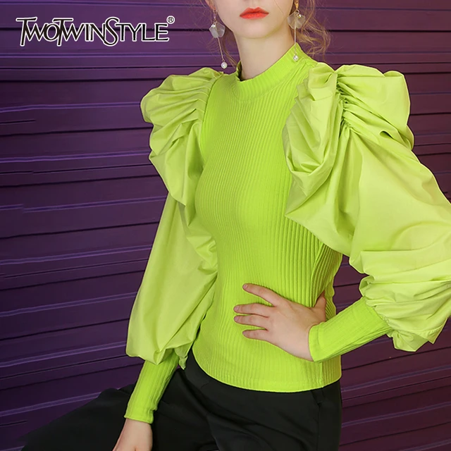US $20.00 TWOTWINSTYLE Knitted Patchwork Sweaters For Women O Neck Puff Sleeve Ruched Streetwear Pullovers Fe
