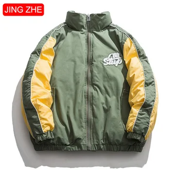 

JING ZHE Winter Jacket Cotton Coat Men Women Autumn Embroidered Jackets Male Outwear Patchwork Jacket Couple Warm Padded Parka
