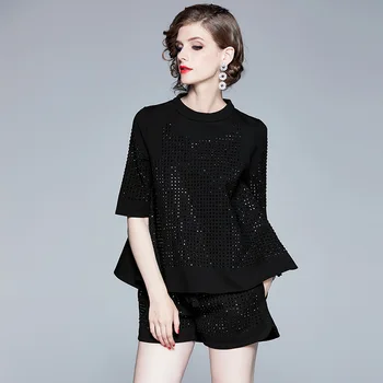 

Europe New Women's Spring And Summer High Street Fashion Casual Graceful Stick Rhinestone 2Piece Set Female T Shirt +Shorts Set