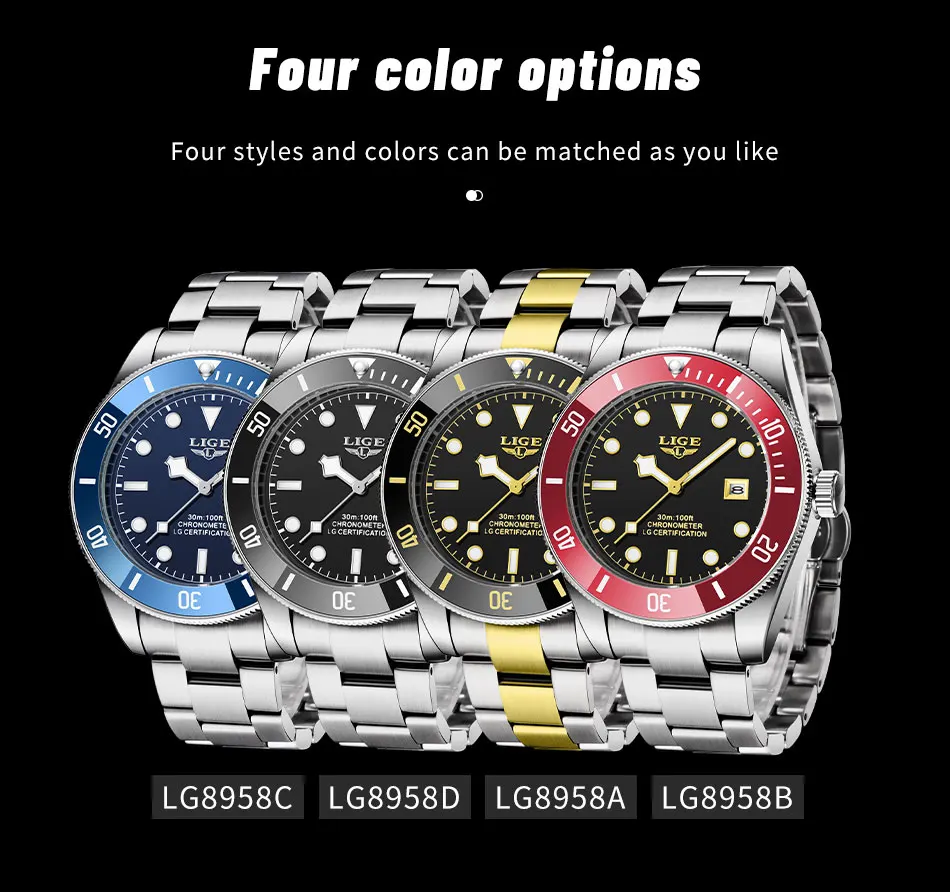 LIGE Men Watches Brand Luxury Watch Man Business Casual Wristwatch Fashion Stainless Steel Quartz Waterproof Calendar Clock Male