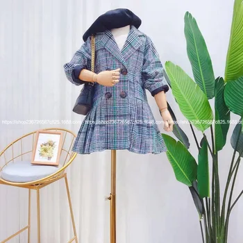 

2019 autumn and winter new girl retro style double-breasted thin suit lapels long pleated coat