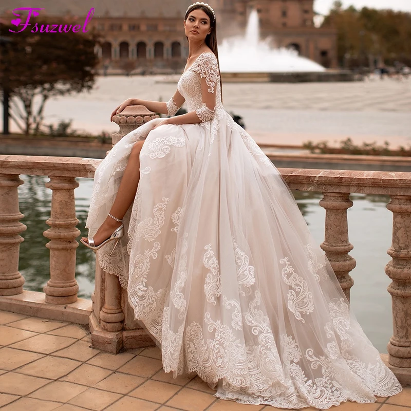 Fsuzwel New Arrival Elegant Scoop Neck 3/4 Sleeve A-Line Wedding Dresses 2020 Luxury Appliques Court Train Princess Gown | Свадьбы и