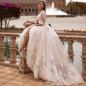 

Fsuzwel New Arrival Elegant Scoop Neck 3/4 Sleeve A-Line Wedding Dresses 2020 Luxury Appliques Court Train Princess Wedding Gown