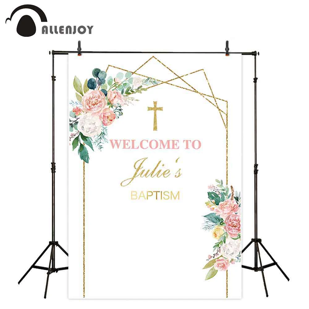 Фон для фотосъемки с Allenjoy цветами и золотой рамкой для крещения, причастия, украшения для свадебной вечеринки