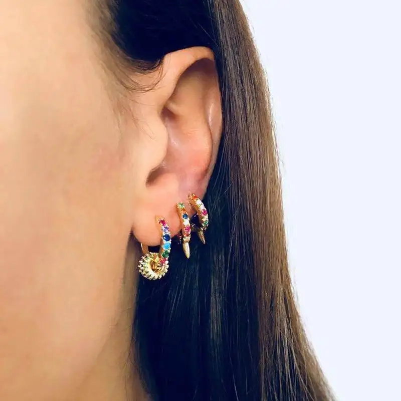 Геометрические круглые маленькие радужные серьги-кольца 3 Мини Зеленая синяя