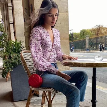 

Women Long Sleeve Button Front Kaia Top Deep V Neckline Mystic Purple Floral Print Kaia Shirt