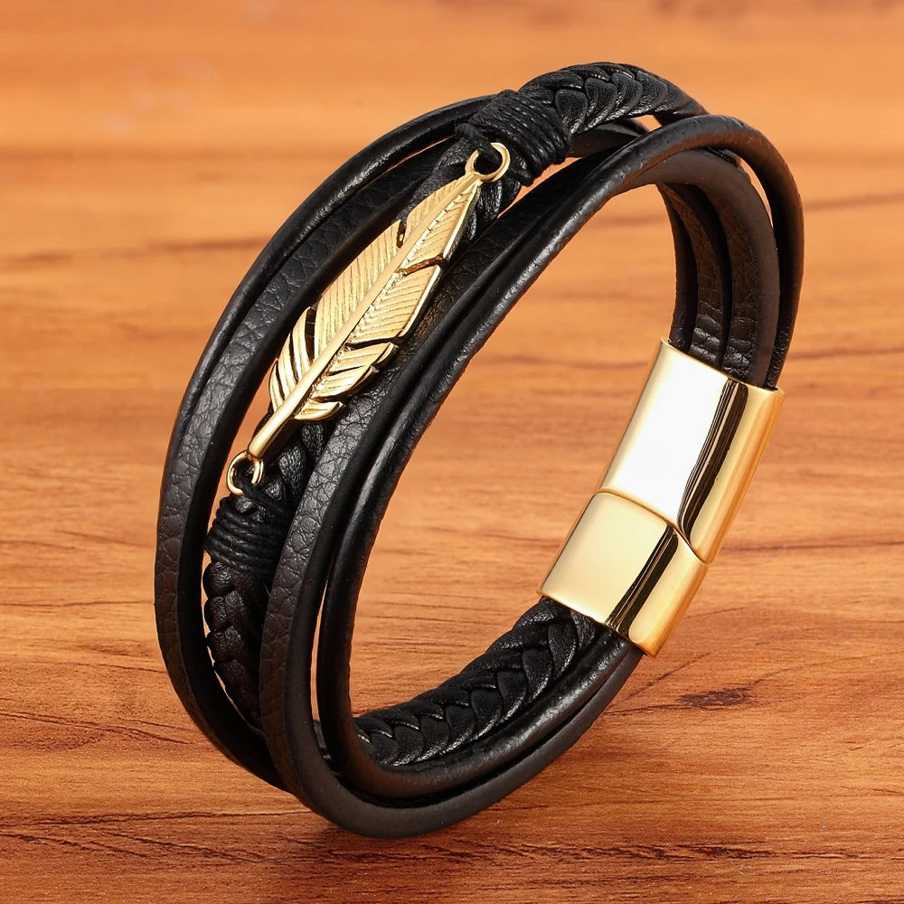 Multi-layer Leather Feather Shape Accessories Men’s Bracelet Stainless Steel Leather Bracelet For Special Birthday Present
