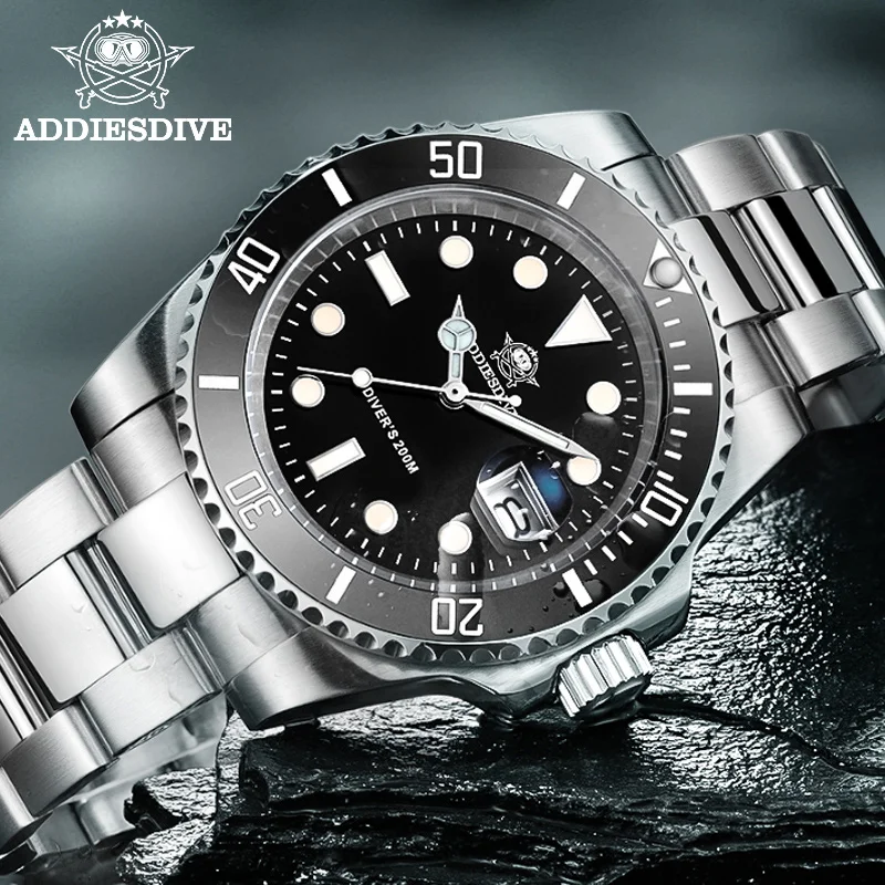 Addies Dive Quartz watch Luxury Brand Men Watches Waterproof Business 41mm Watch C3 luminous Stainless Steel Black  Diver watch tandorio gloss black shell dial 41mm nh35a 200m waterproof automatic dive watch for men 120 click bezel sapphire steel bracelet