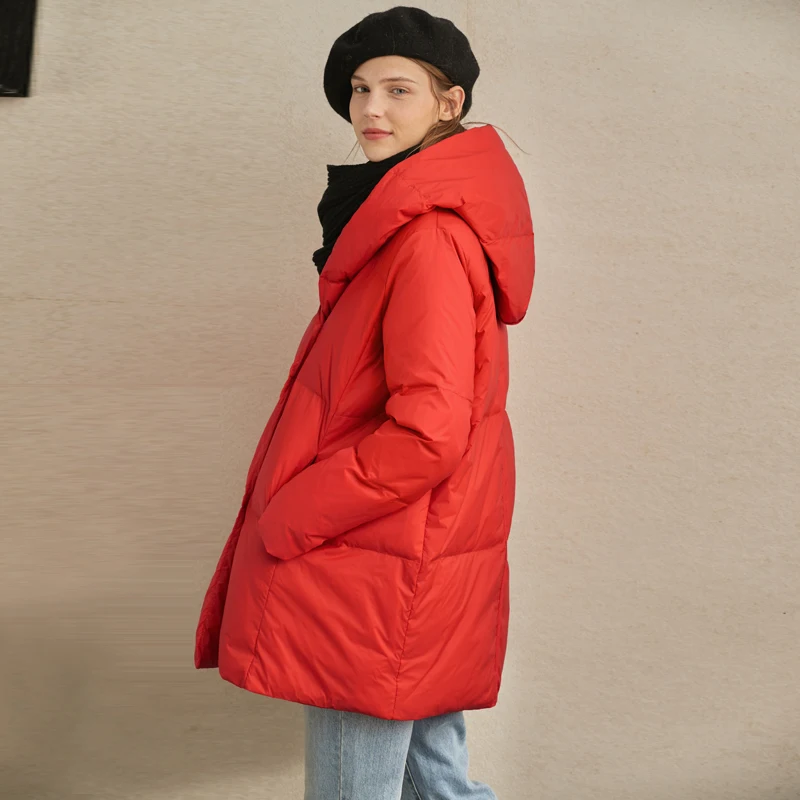 Amii очень простой, теплый, пуховый, Женский Зимний стиль, стиль с капюшоном, 90-белый, утиное верхнее пальто - Цвет: Grapefruit red