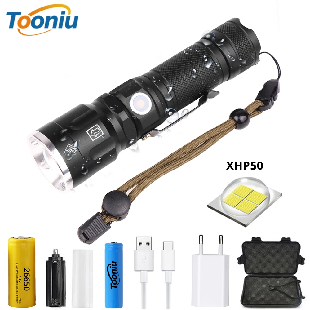 

Super bright XHP50 LED Flashlight Waterproof 5 lighting modes Zoomable Torch Use 18650 or 26650 battery for outdoor adventures