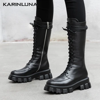 

Karinluna Large Size 43 Fashion 2020 Brand Genuine Leather Shoelaces Platform Chunky Heels Woman Shoes Motorcycles Boots