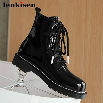 

Lenkisen work boots genuine leather high fashion thick med heel round toe lace up coolest convenient young lady ankle boots L09