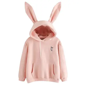 

Winter Hoodies Women Fashion All-match Rabbit Ear Hooded Loose Small Rabbit Embroidered Fleece Blackpink Topshirt Hoody