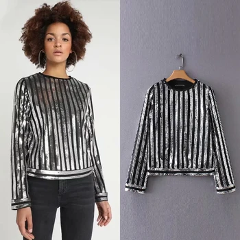 

Women Clothing Sexy stylish solid blouse 2019 chic tops Silver Sequined Shining Bling Long sleeve stretchy O-neck female