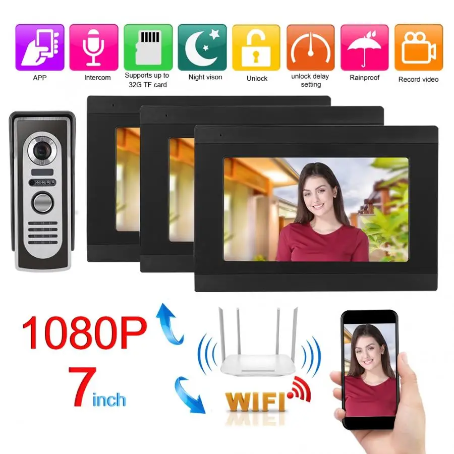 Smart doorbell 7in 1080P 3 Monitors Video Intercom Wired Wifi Doorbell Night Door Camera 100-240V waterproof door bell