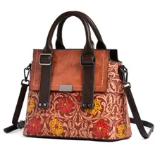 Винтажные женские сумки из натуральной кожи, сумки через плечо для женщин,, тисненые цветы, Дамская ручная сумка, ручная роспись, тоут