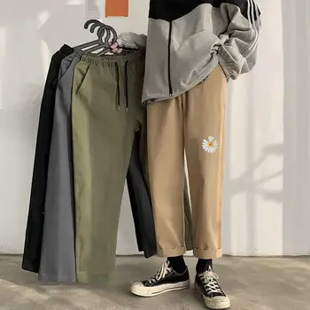

All-match Elastic Waist Straight Pants Men Marguerite Print Pockets Drawstring Long Pant Mens Harajuku Trousers pantalon homme