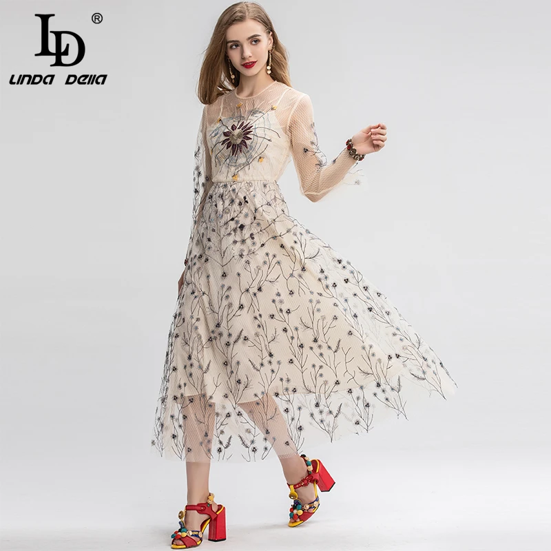 LD LINDA делла весенние модные Подиумные элегантные вечерние женские платья с длинным рукавом винтажное платье из тюля с вышивкой - Цвет: Многоцветный