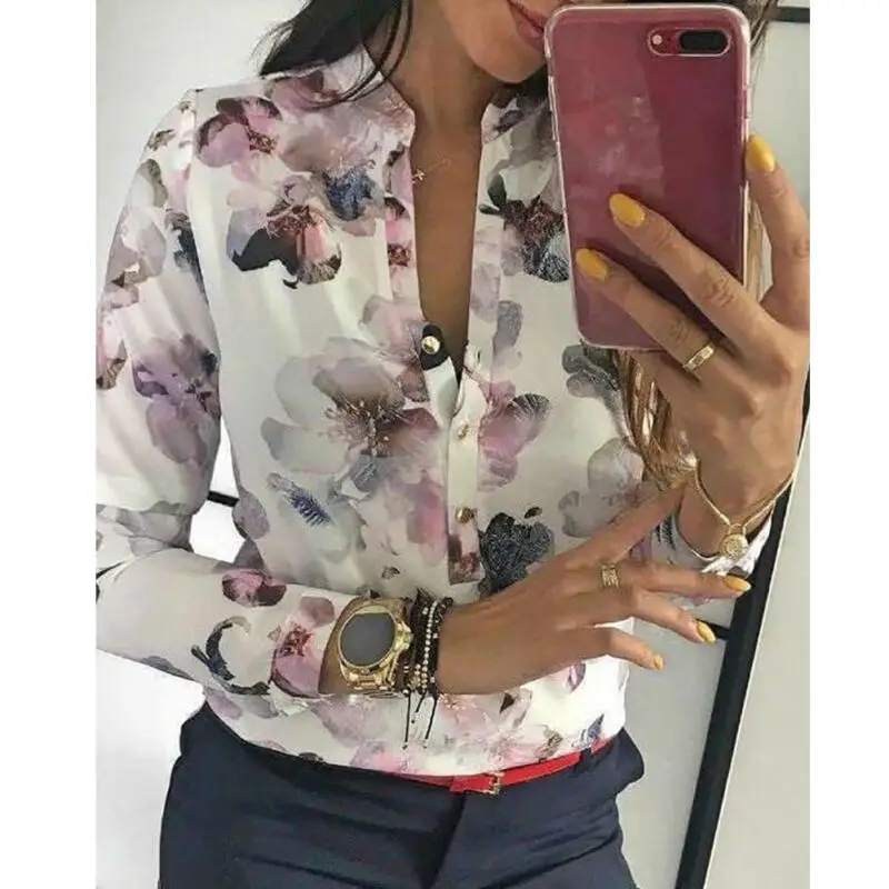 

Women Blouses 2019 Floral Print Long Sleeve Turn Down Collar Blouse Ladies Shirts Striped Tunic Plus Size Blusas Chemisier Femme
