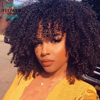 

Afro Kinky Curly Wig With Bangs Full Machine Made Scalp Base Top Wig 180% Brazilian Curly Human Hair Wigs Remy Flowerseason