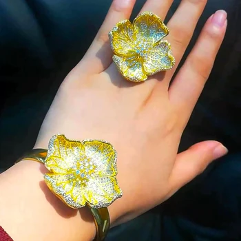 

missvikki Luxury Noble Symbol Blooming Big Flowers Bangle Ring Jewelry Set for Women Important Occasion Wedding Engagement Party