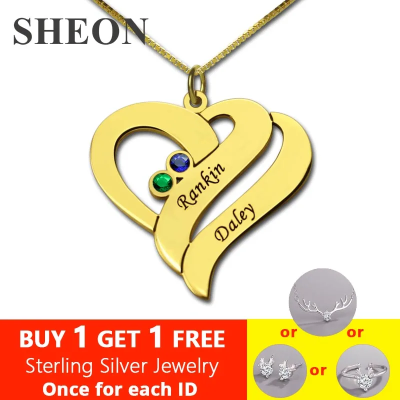 

SHEON Personalized Two Name Hearts Necklace Gold Color Engraved Initial Hearts Pendant with Birthstone Custom Jewelry For Mom